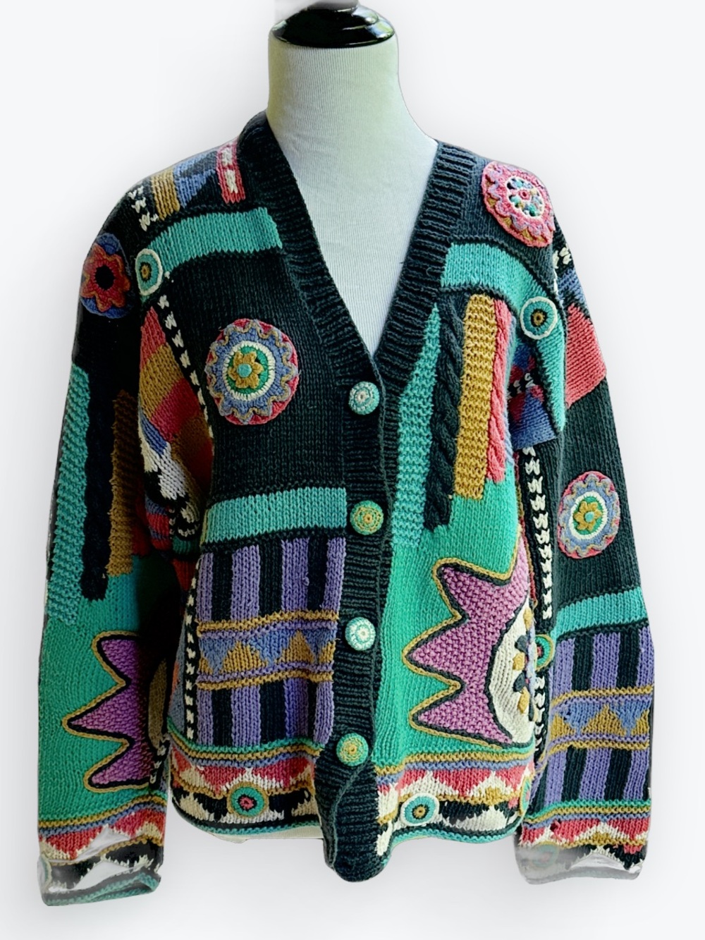 Hand-Knit Patchwork 80s 90s Bold Graphic Quirky Maximalist Oversized Sweater ~ M